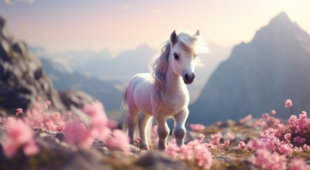 a pony standing in nature with mountains in the background.の素材