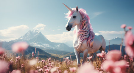 an unicorn stands on a field with mountains in front of it.の素材