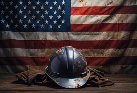 american flag with hard hat.の素材