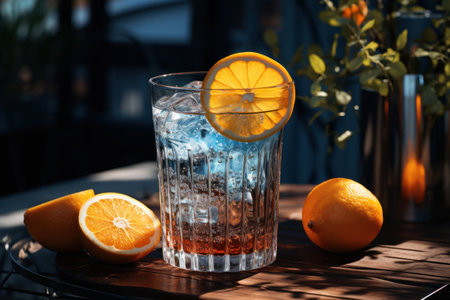 an iced glass of water with lemon and orange slices.の素材