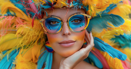 Vibrant carnival makeup, feathered costume, and joyful expression.の素材