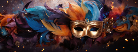 carnival mask in blue and purple color background with feathers.の素材