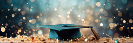 confetti and graduation cap on top of an open book.の素材