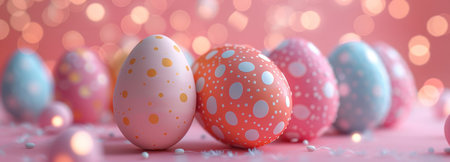 brightly decorated easter eggs on a pink background with white dots.の素材