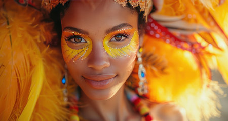 Vibrant carnival makeup, feathered costume, and joyful expression.の素材
