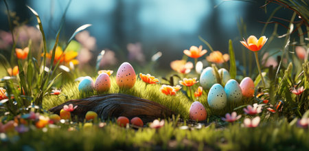 easter eggs, flower and grass in grass, on wooden table background.の素材