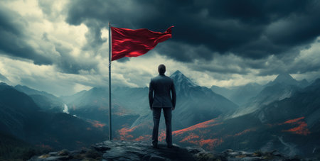 businessman in business suit standing on top of mountain with red flag.の素材