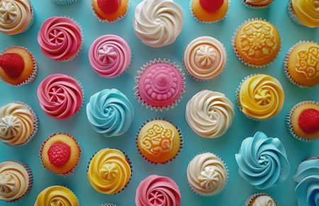 colorful cupcakes arranged in various shapes.の素材