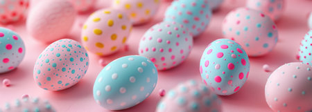 colorful eggs on a pink background.の素材