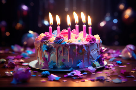 colorful background with candled cake to celebrate birthday.の素材