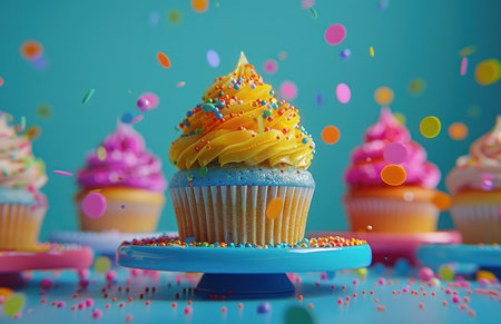 colorful cupcakes made with confetti and cupcake stand tables of several colors.の素材