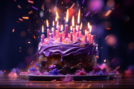 colorful background with candled cake to celebrate birthday.の素材