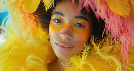 Vibrant carnival makeup, feathered costume, and joyful expression.の素材