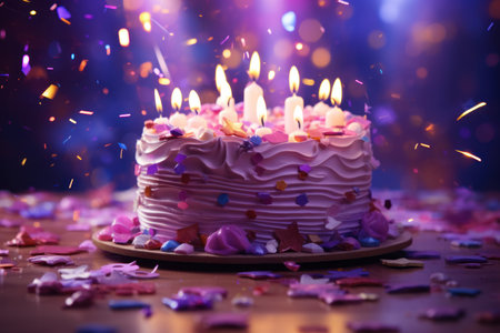 colorful background with candled cake to celebrate birthday.の素材