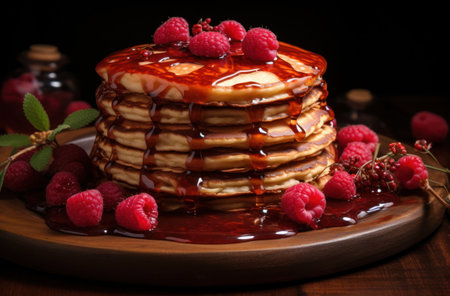 pancakes on stacked wooden platter with glaze and raspberries.の素材