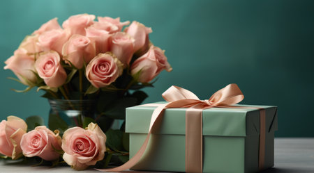 present box and small roses around green background.の素材