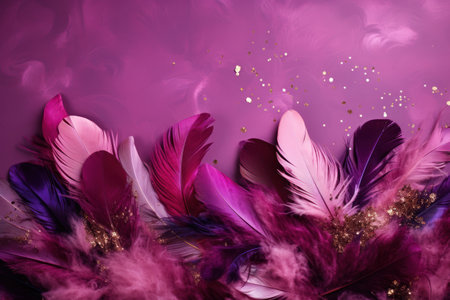 purple background with feathers and confetti.の素材