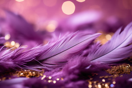 purple feathers and golden discs on a purple background.の素材