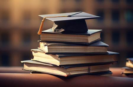 stacks of books with a graduation cap.の素材