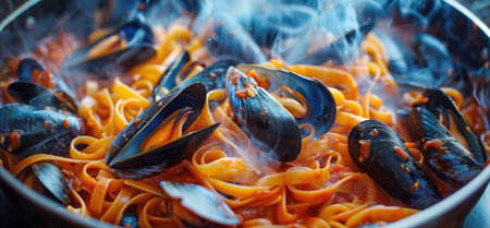 pasta, mussels and red wine in a pan, dark orange and blue.の素材