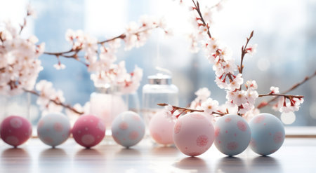 easter eggs on a blue and white background easter eggs.の素材