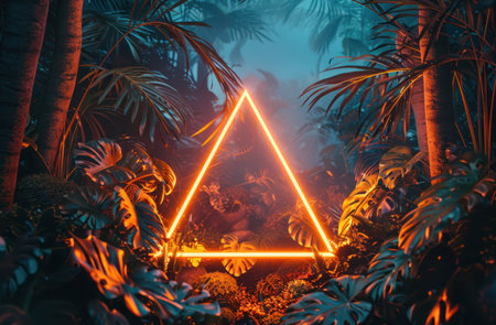 neon triangle surrounded by tropical plants.の素材