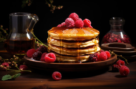 pancakes on stacked wooden platter with glaze and raspberries.の素材