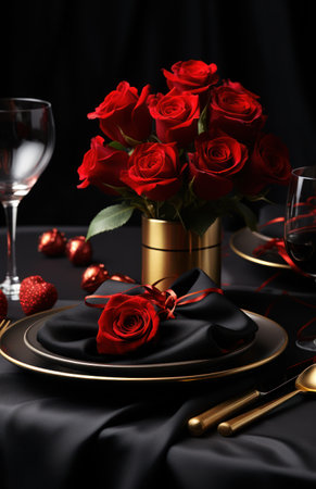 valentine day table setting with wine glasses and red roses.の素材