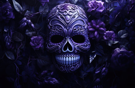 purple day of the dead sugar skull, purple flowers and leaves.の素材