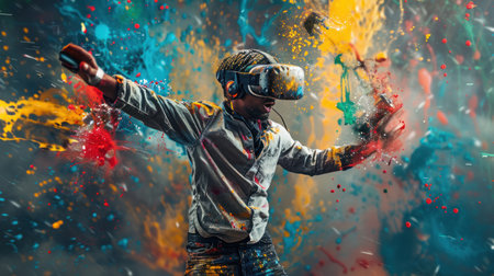 A young man is wearing virtual reality glasses and dancing amidst colorful splashes of paint.の素材