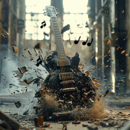 A black rock guitar explodes against a bright background, many small black musical notes fly out of it.の素材