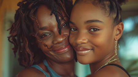 An African American mother embracing her teenage daughter with smiles.の素材
