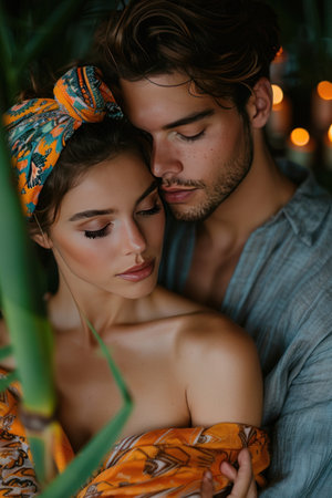 A calm couple wearing spa headbands, enjoying a tranquil moment surrounded by flickering candles.の素材