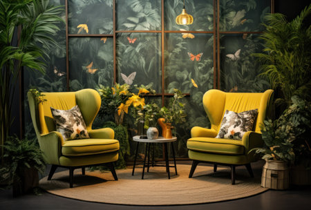 colorful plantfilled lounge with green chairs.の素材