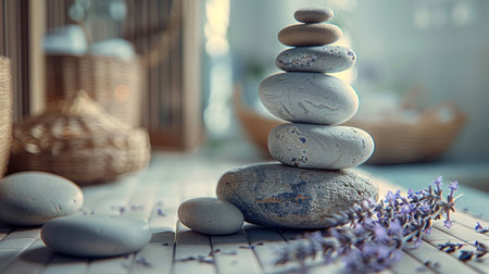 A serene spa setting is captured in a still life composition, showcasing a balanced stack of stones alongside delicate sprigs of lavender..の素材