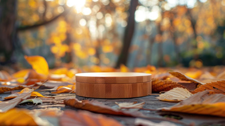 Display your wooden products on a minimalist podium against a background of blurred nature leaves.の素材