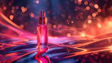 Template for cosmetic advertisements featuring a glass droplet bottle against a backdrop of abstract wavy light patterns.の素材