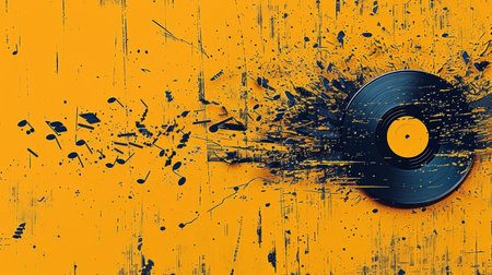 Vinyl record with explosive paint splatter on orange, music energy concept.の素材