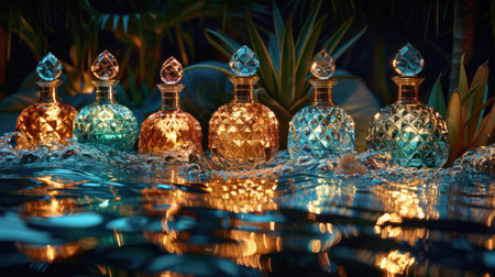 Ads featuring elegant perfume glass bottles displayed on the surface of water.の素材