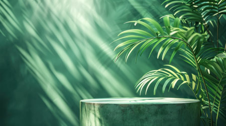 Green Abstract Background with Palm Leaf Shadow for Presenting Cosmetic Products Enhance your cosmetic product.の素材