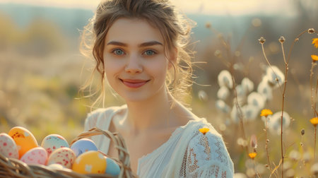 The beautiful girl in the white dress is smiling and looking at the camera in the background.の素材