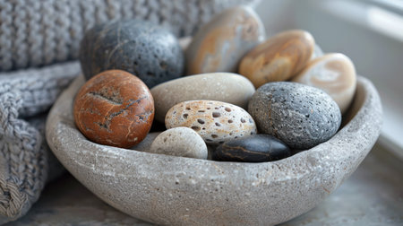 Decorative stones stacked with sea salt crystals, symbolizing balance and relaxation.の素材