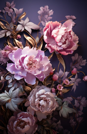 peonies in a dark setting with a colorful background.の素材