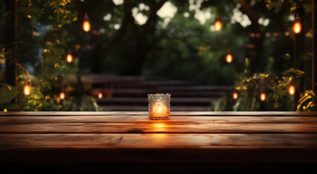 photo of outdoor table with lights on blur in the night.の素材