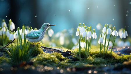 snowdrops blooming in grass with the sun shining on them.の素材