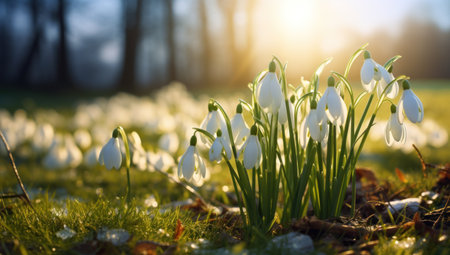 snowdrops blooming in grass with the sun shining on them.の素材