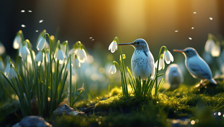 snowdrops blooming in grass with the sun shining on them.の素材