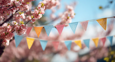some bunting on a tree during a spring day.の素材