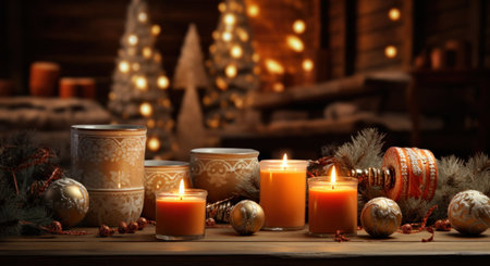 warming candles lit by christmas tree and fireplace on wood table in winter interior,.の素材