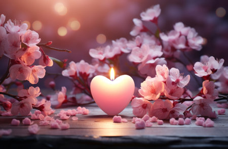 valentines day heart shaped candle lighting on blossoms background.の素材